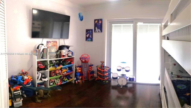 playroom with crown molding and wood finished floors