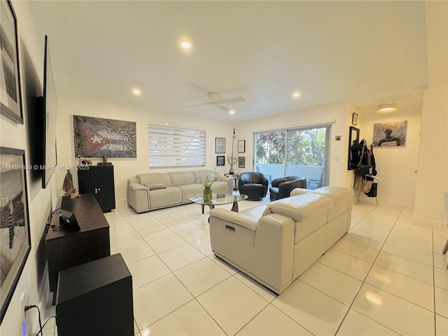 living room with recessed lighting, ceiling fan, and light tile patterned floors