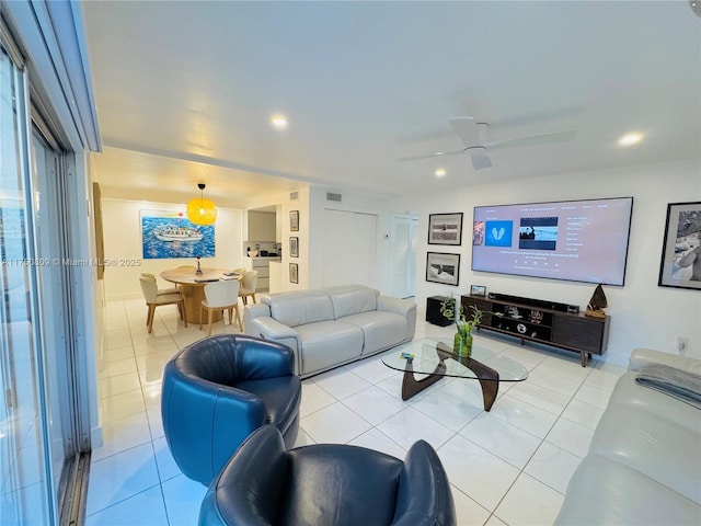 living room featuring recessed lighting, visible vents, a ceiling fan, and light tile patterned flooring