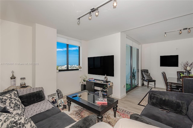 living room featuring baseboards, light wood-style flooring, and track lighting