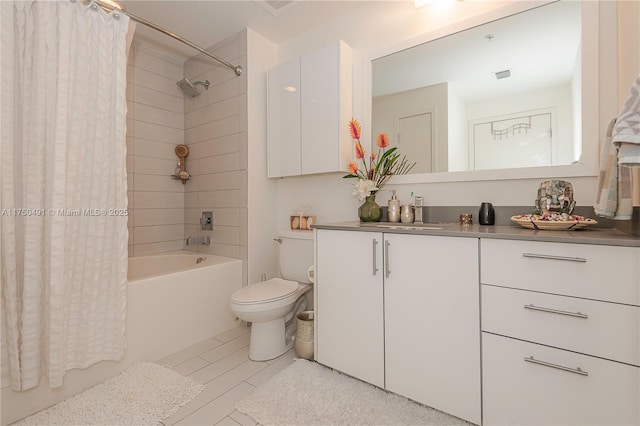 full bathroom with visible vents, toilet, shower / bath combination with curtain, and vanity
