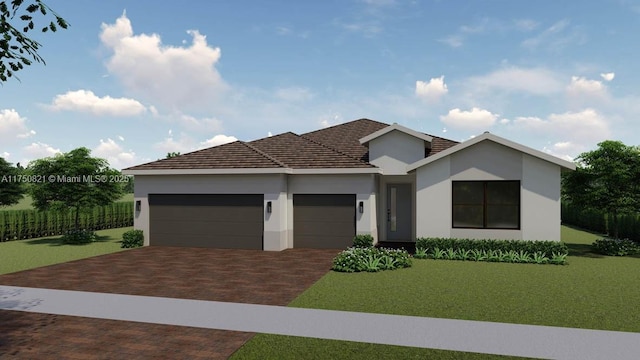 view of front of home with stucco siding, an attached garage, a front yard, and decorative driveway