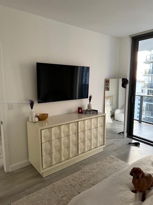 living room featuring expansive windows, wood finished floors, and baseboards