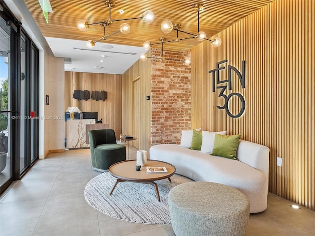 living area with wooden walls