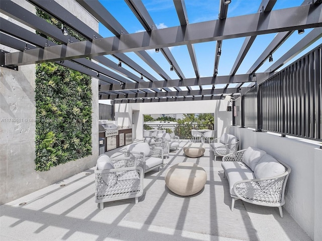 view of patio featuring grilling area, an outdoor living space, area for grilling, and a pergola