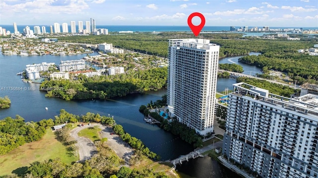 aerial view with a view of city and a water view