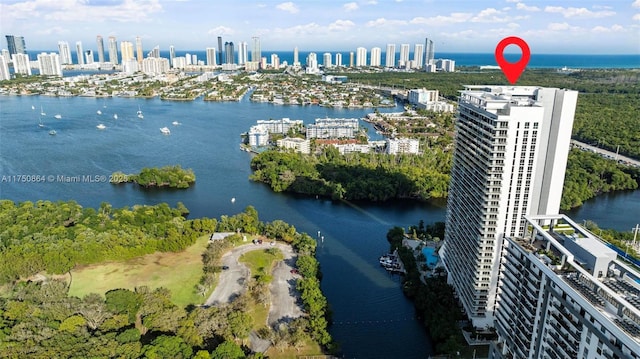 aerial view featuring a water view and a city view