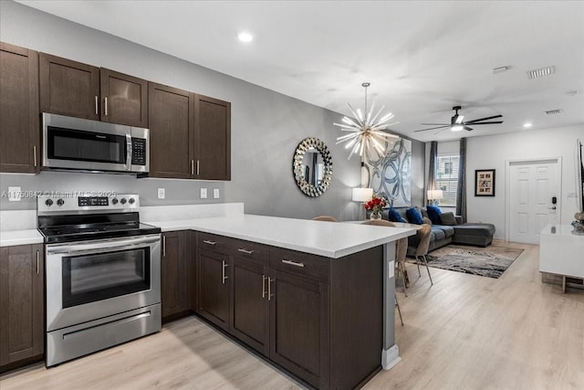 kitchen featuring stainless steel appliances, a peninsula, open floor plan, light countertops, and light wood finished floors