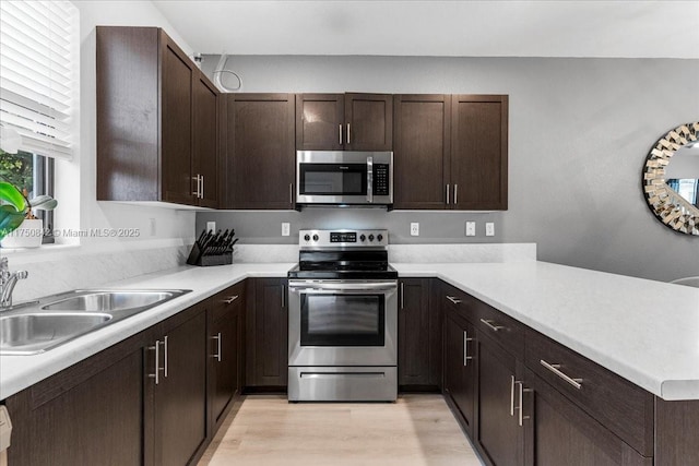 kitchen featuring dark brown cabinetry, a sink, light countertops, appliances with stainless steel finishes, and light wood-type flooring