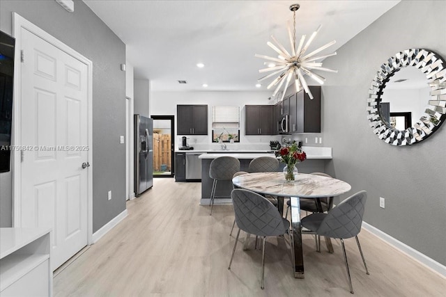 dining room with recessed lighting, visible vents, an inviting chandelier, light wood-type flooring, and baseboards