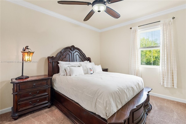 bedroom featuring crown molding, baseboards, light carpet, and a ceiling fan