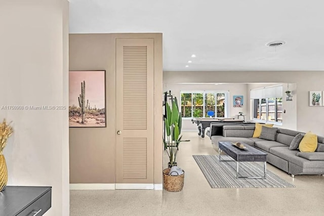 living room with recessed lighting, pool table, visible vents, baseboards, and speckled floor