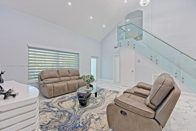 living room with marble finish floor, high vaulted ceiling, visible vents, and recessed lighting