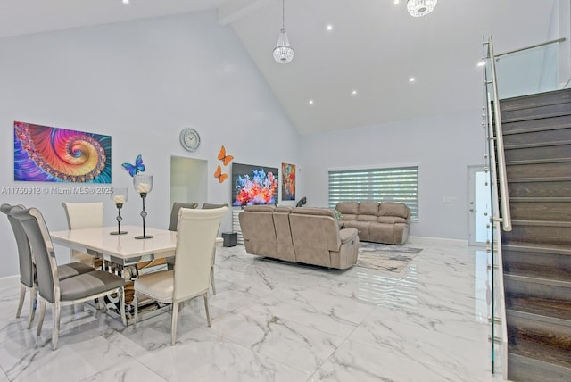 dining room with high vaulted ceiling, baseboards, marble finish floor, stairway, and beamed ceiling