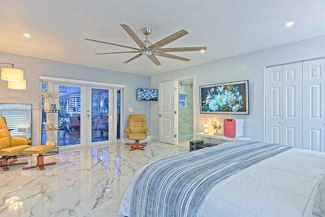 bedroom with recessed lighting, french doors, ceiling fan, and marble finish floor