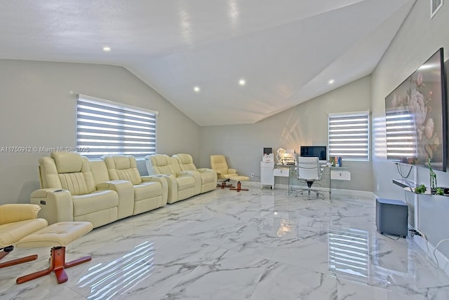 living area with lofted ceiling, a healthy amount of sunlight, visible vents, and recessed lighting