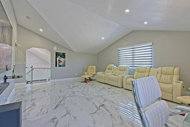 living area featuring lofted ceiling, marble finish floor, recessed lighting, and baseboards