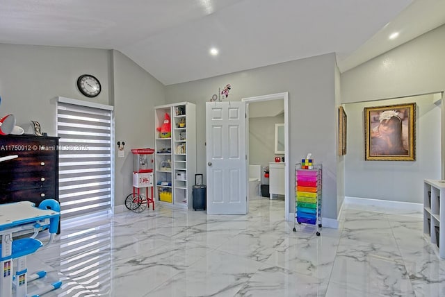 recreation room with marble finish floor, baseboards, vaulted ceiling, and recessed lighting