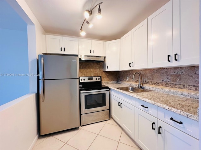 kitchen featuring white cabinets, under cabinet range hood, stainless steel appliances, and a sink