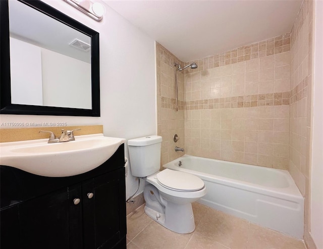 full bathroom featuring visible vents, toilet, shower / tub combination, tile patterned flooring, and vanity