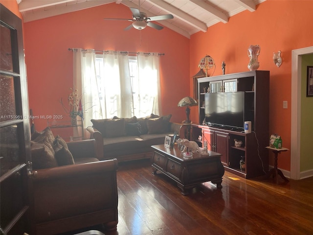 living room with a ceiling fan, dark wood finished floors, and lofted ceiling with beams