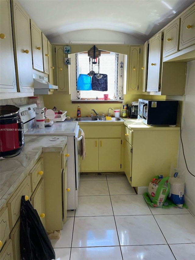 kitchen with black microwave, light countertops, a sink, and under cabinet range hood