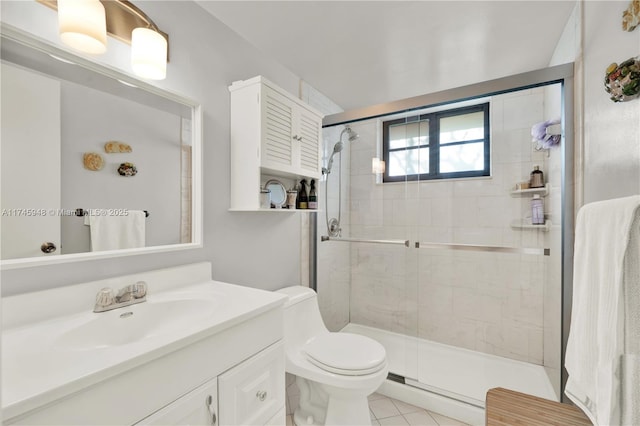 full bath featuring a stall shower, vanity, toilet, and tile patterned floors