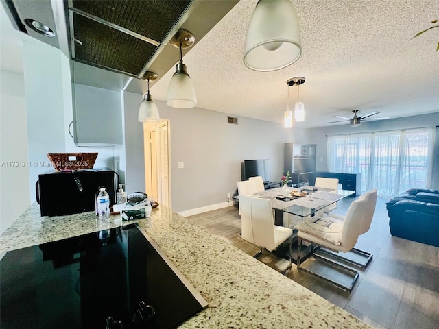 kitchen featuring light stone countertops, dark wood finished floors, a textured ceiling, and decorative light fixtures