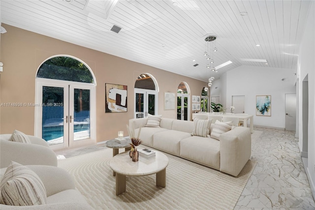 living room with french doors, marble finish floor, baseboards, vaulted ceiling, and wood ceiling