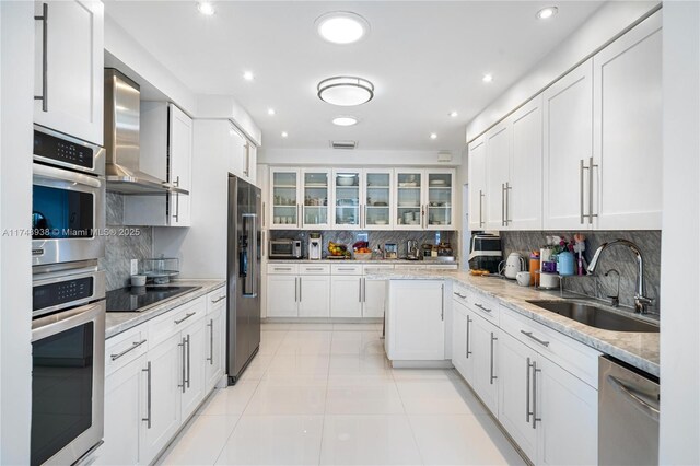 kitchen featuring wall chimney range hood, stainless steel appliances, a sink, and tasteful backsplash