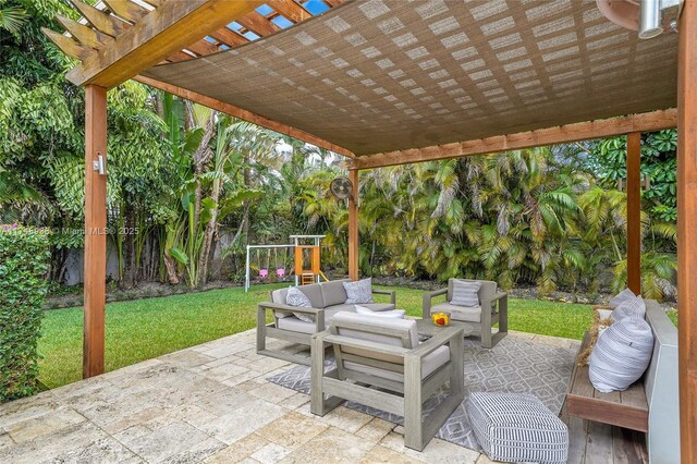 view of patio / terrace with a pergola, an outdoor living space, a fenced backyard, and a playground