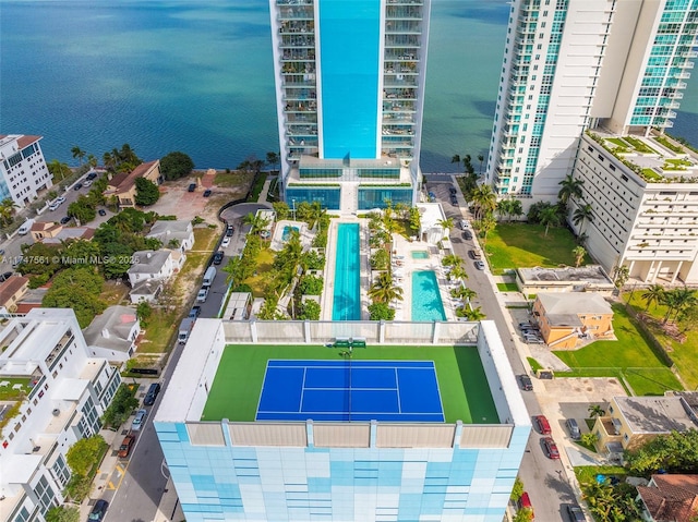 aerial view with a water view and a city view