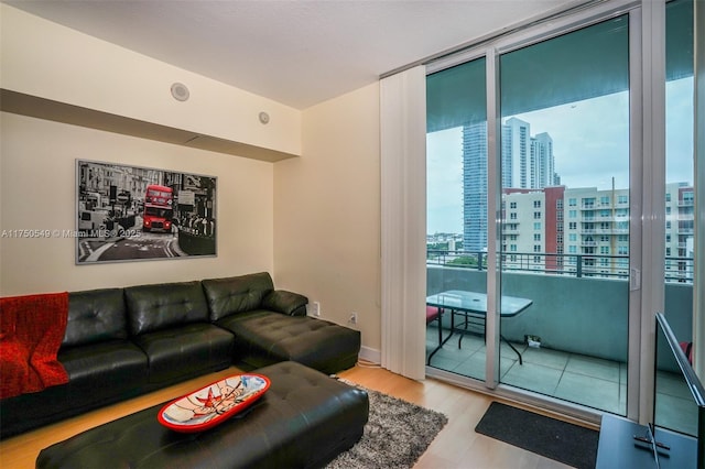 living room featuring a view of city and light wood finished floors