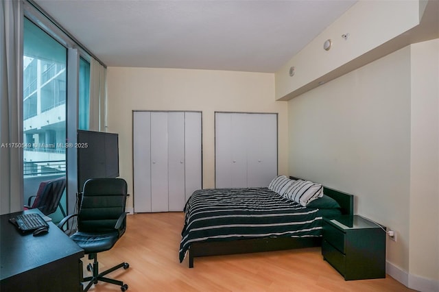 bedroom with a wall of windows, wood finished floors, multiple windows, and two closets