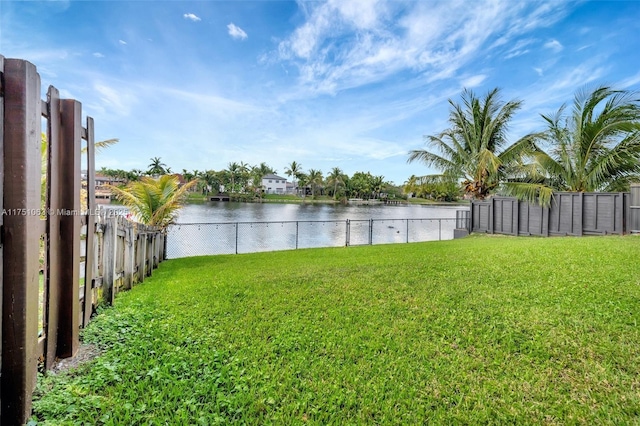 view of yard with a water view and a fenced backyard