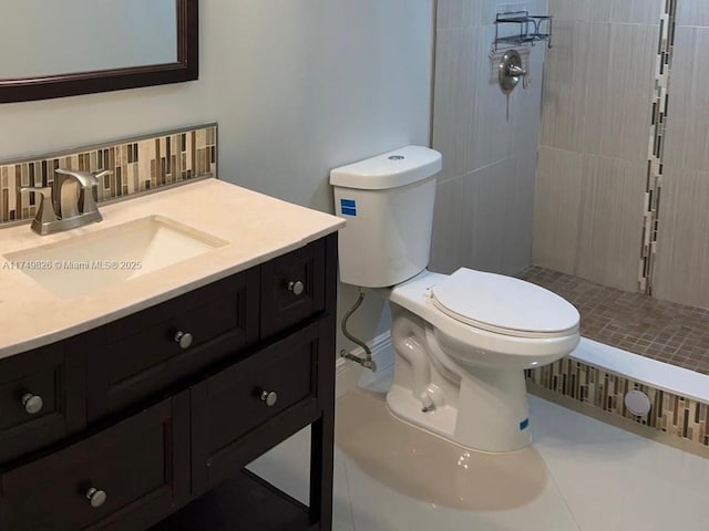 full bathroom with backsplash, toilet, a shower stall, and vanity