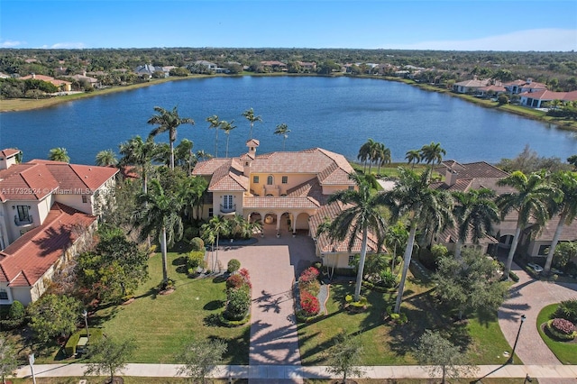 aerial view featuring a water view and a residential view