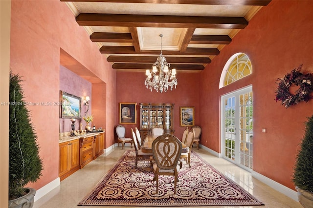 dining space with a notable chandelier, coffered ceiling, beam ceiling, and baseboards