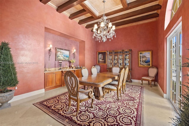 dining room with a high ceiling, baseboards, coffered ceiling, and beam ceiling