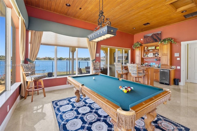 playroom with wooden ceiling, wine cooler, visible vents, and wet bar