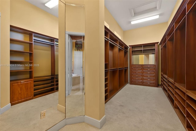 walk in closet featuring light carpet