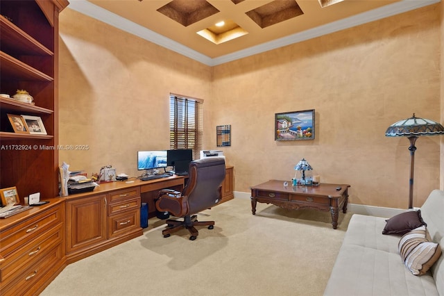 office featuring light carpet, coffered ceiling, a towering ceiling, baseboards, and crown molding