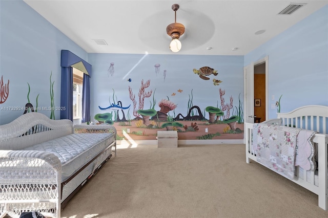 bedroom with ceiling fan, carpet, and visible vents