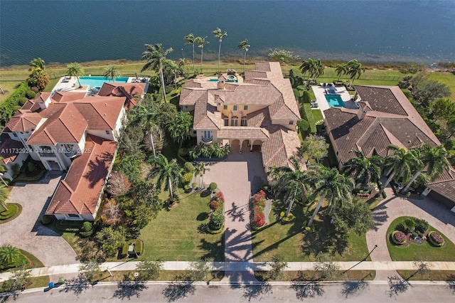 drone / aerial view featuring a water view