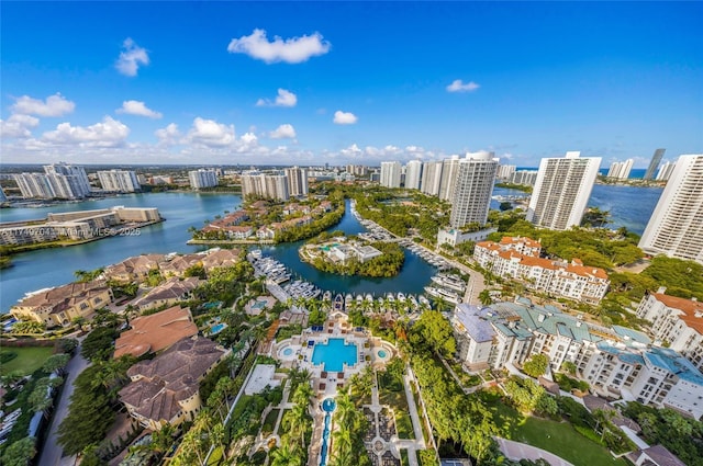 aerial view with a water view and a view of city