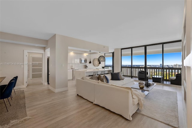 living room featuring light wood-type flooring, expansive windows, and baseboards