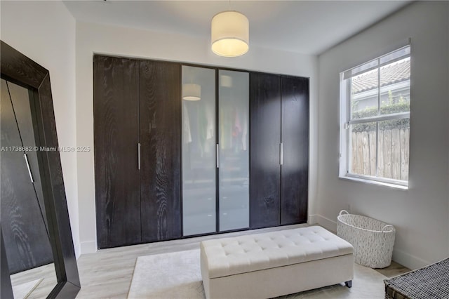 bedroom featuring light wood-style flooring, baseboards, and a closet