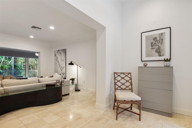 living room featuring ornamental molding, recessed lighting, visible vents, and baseboards