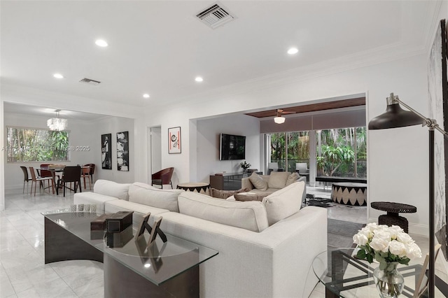 living room featuring recessed lighting, visible vents, and ornamental molding