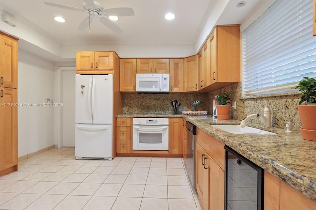 kitchen featuring white appliances, beverage cooler, tasteful backsplash, a sink, and light tile patterned flooring